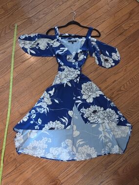 one clothing Blue & White Floral High-Low Off-Shoulder Dress